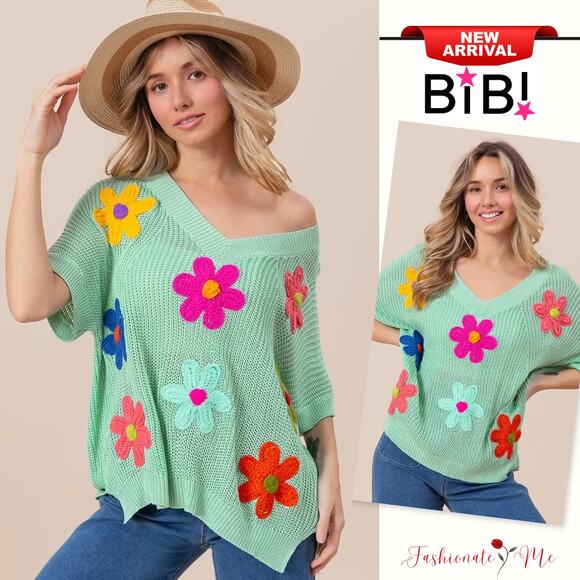 BiBi Flower Patches Dolman Sleeves V-Neck Lightweight Relaxed Fit Sweater | Sage - Picture 1 of 8
